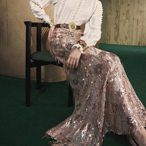 Camel Elegant Women's Sequined Tassel Fishtail Skirt - Picture 2 of 6